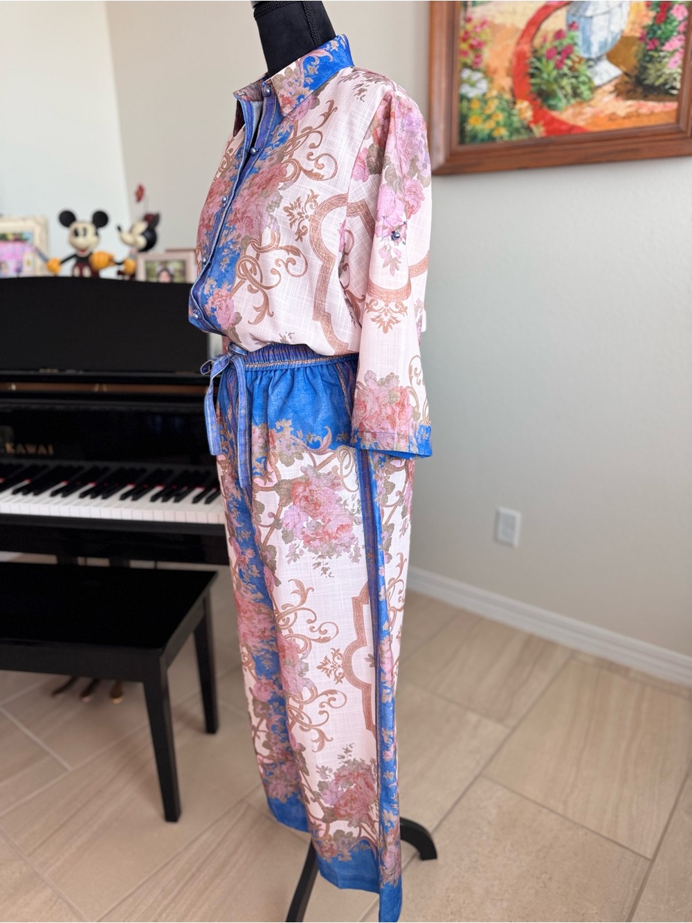 Women's Pink & Blue Printed Linen Jumpsuit - Picture 6 of 16